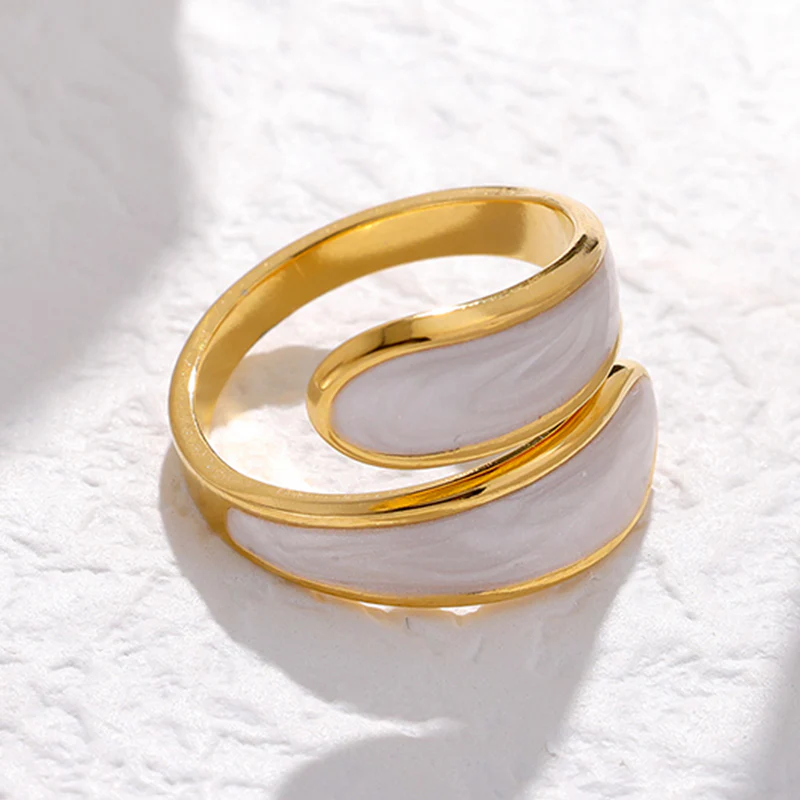 Mystic Radiance Adjustable Open Ring with Greyish-White Enamel & 18K Gold Plating