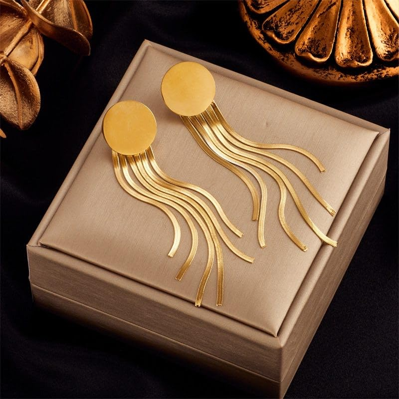 Vintage Style 18K Gold Plated Titanium Steel Tassel Drop Earrings for Women