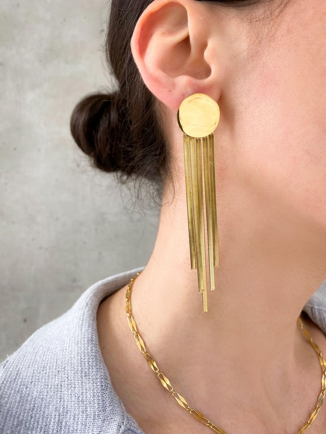 Vintage Style 18K Gold Plated Titanium Steel Tassel Drop Earrings for Women