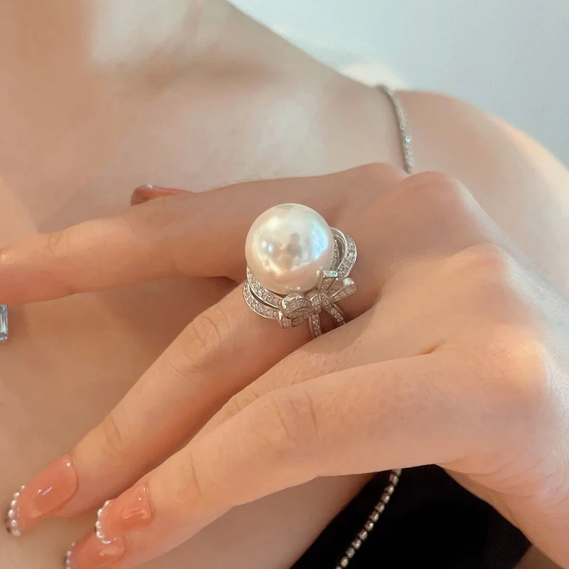Adjustable Silver-Plated Pearl Studded Ring for Women - Elegant Design