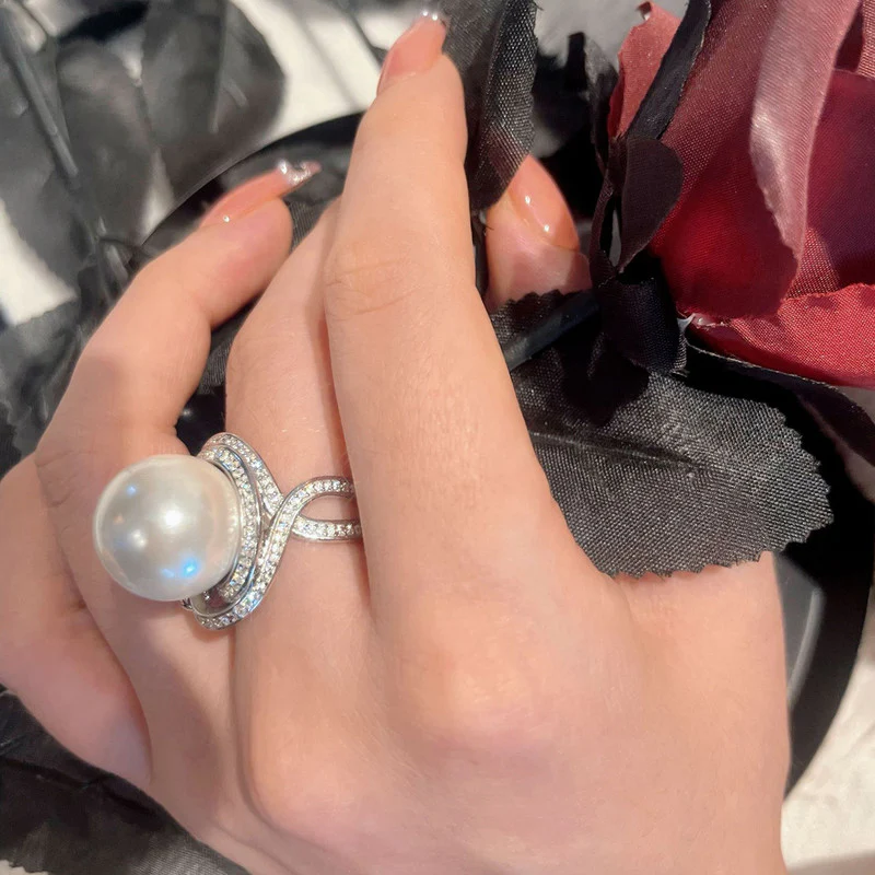 Adjustable Silver-Plated Pearl Studded Ring for Women - Elegant Design