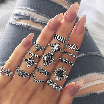 Stylish Vintage Floral Silver Plated Rings Set of 15 for Women – Mixed Sizes