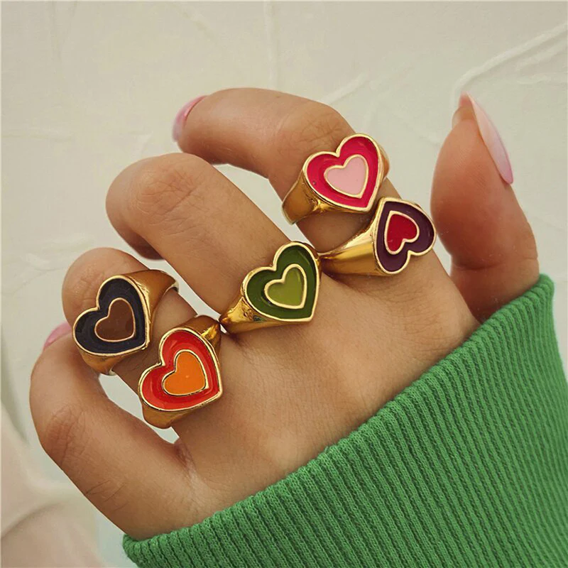 Multi-Color Adjustable Heart Ring Set – Stylish & Trendy Design