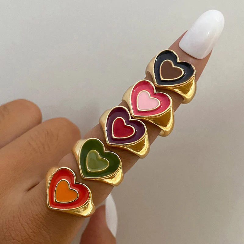 Multi-Color Adjustable Heart Ring Set – Stylish & Trendy Design