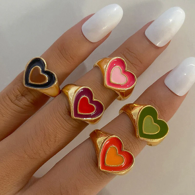 Multi-Color Adjustable Heart Ring Set – Stylish & Trendy Design