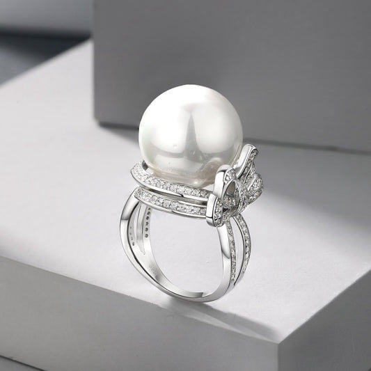 Adjustable Silver-Plated Pearl Studded Ring for Women - Elegant Design